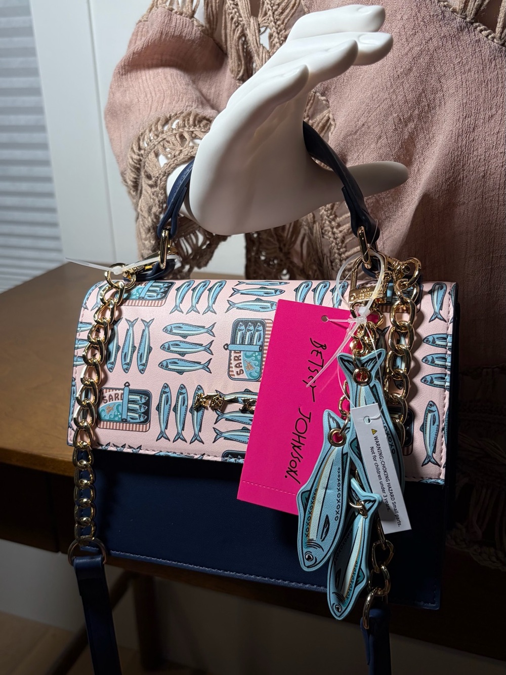 Betsey Johnson SARDINE BAG Pink & Navy Fish-Print Crossbody Satchel - Picture 2 of 15